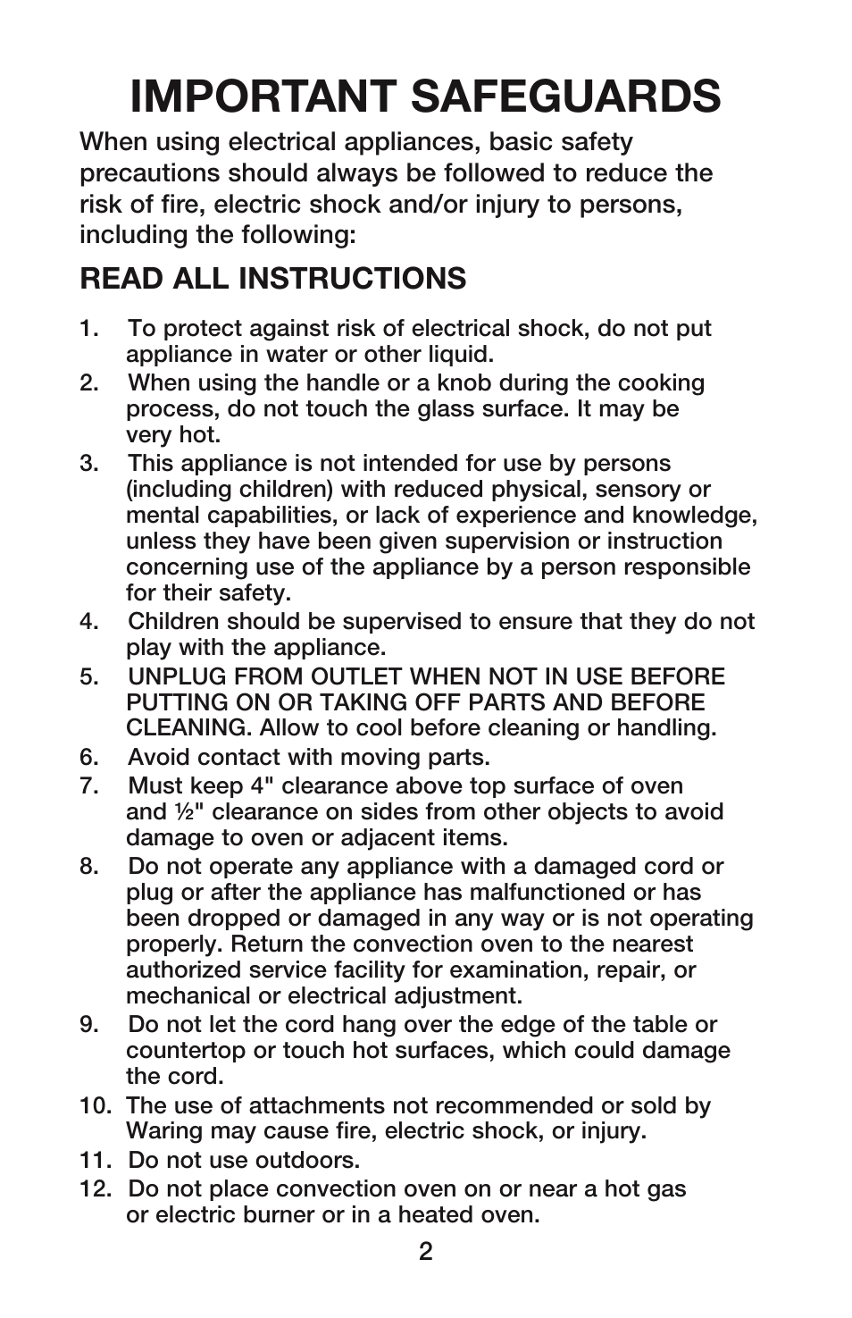 Important safeguards, Read all instructions | Waring CO900B User Manual | Page 2 / 55