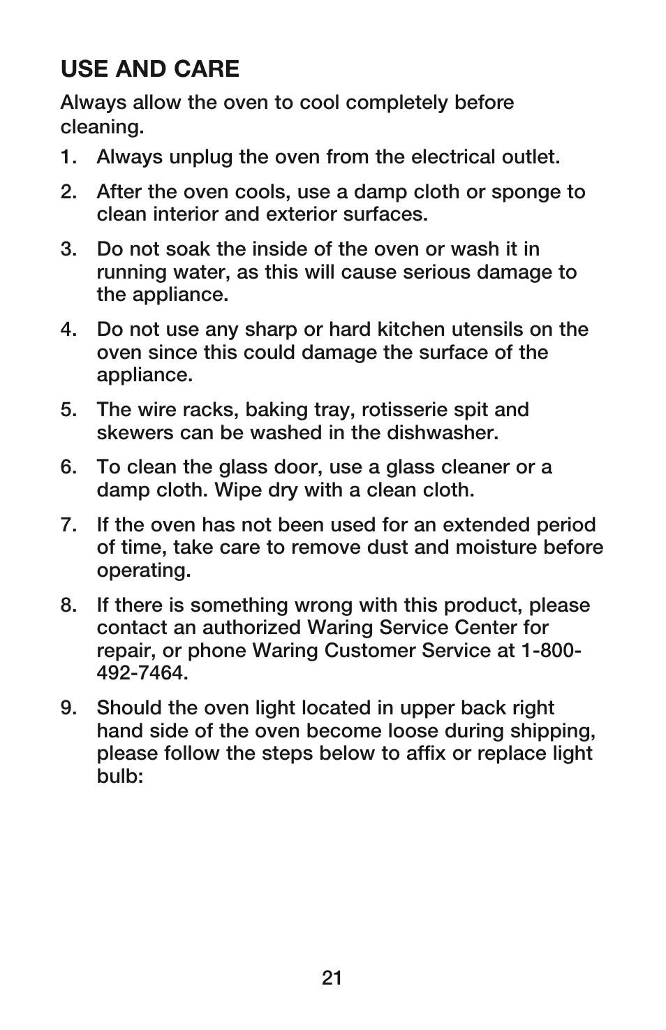 Use and care | Waring CO900B User Manual | Page 21 / 55