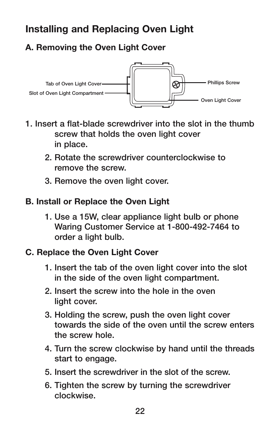 Installing and replacing oven light | Waring CO900B User Manual | Page 22 / 55