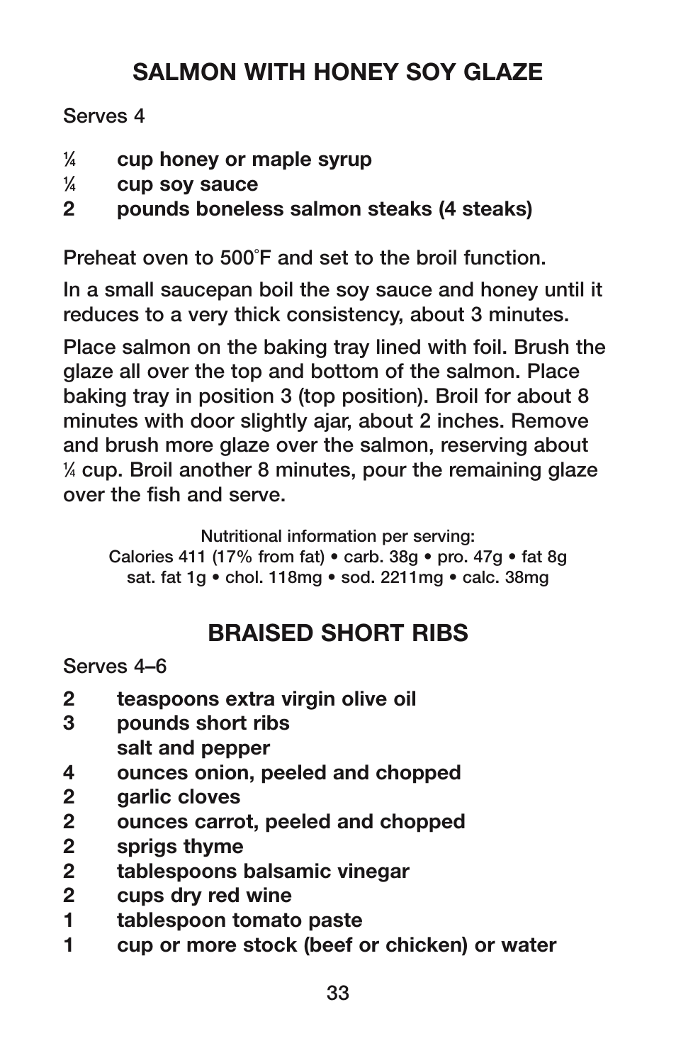 Salmon with honey soy glaze, Braised short ribs | Waring CO900B User Manual | Page 33 / 55