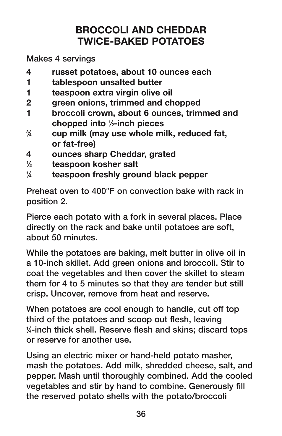 Broccoli and cheddar twice-baked potatoes | Waring CO900B User Manual | Page 36 / 55