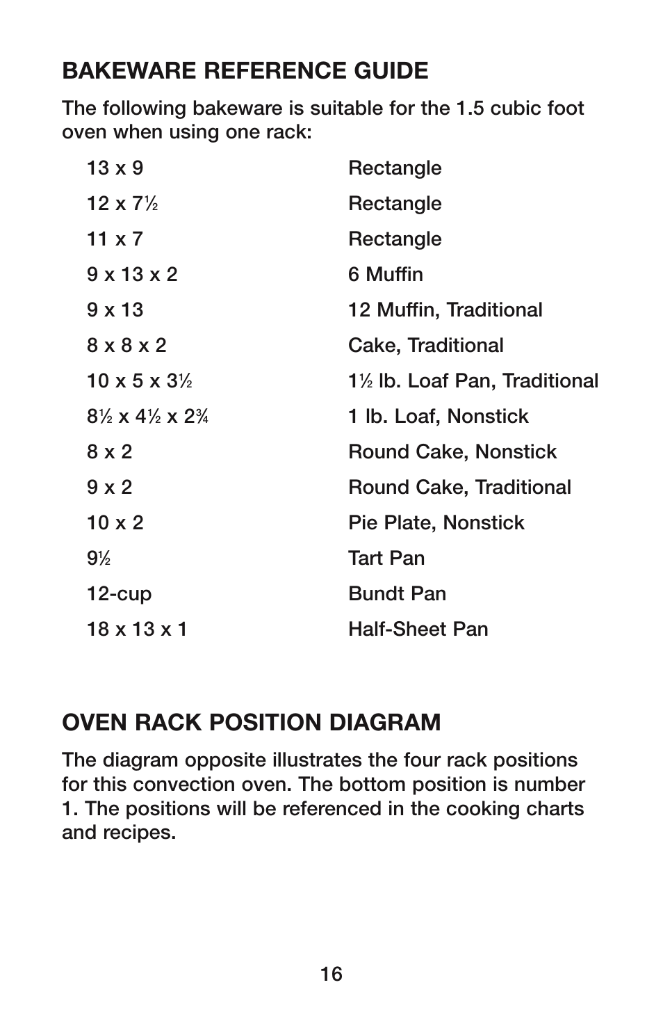 Bakeware reference guide, Oven rack position diagram | Waring CO1500B User Manual | Page 16 / 55