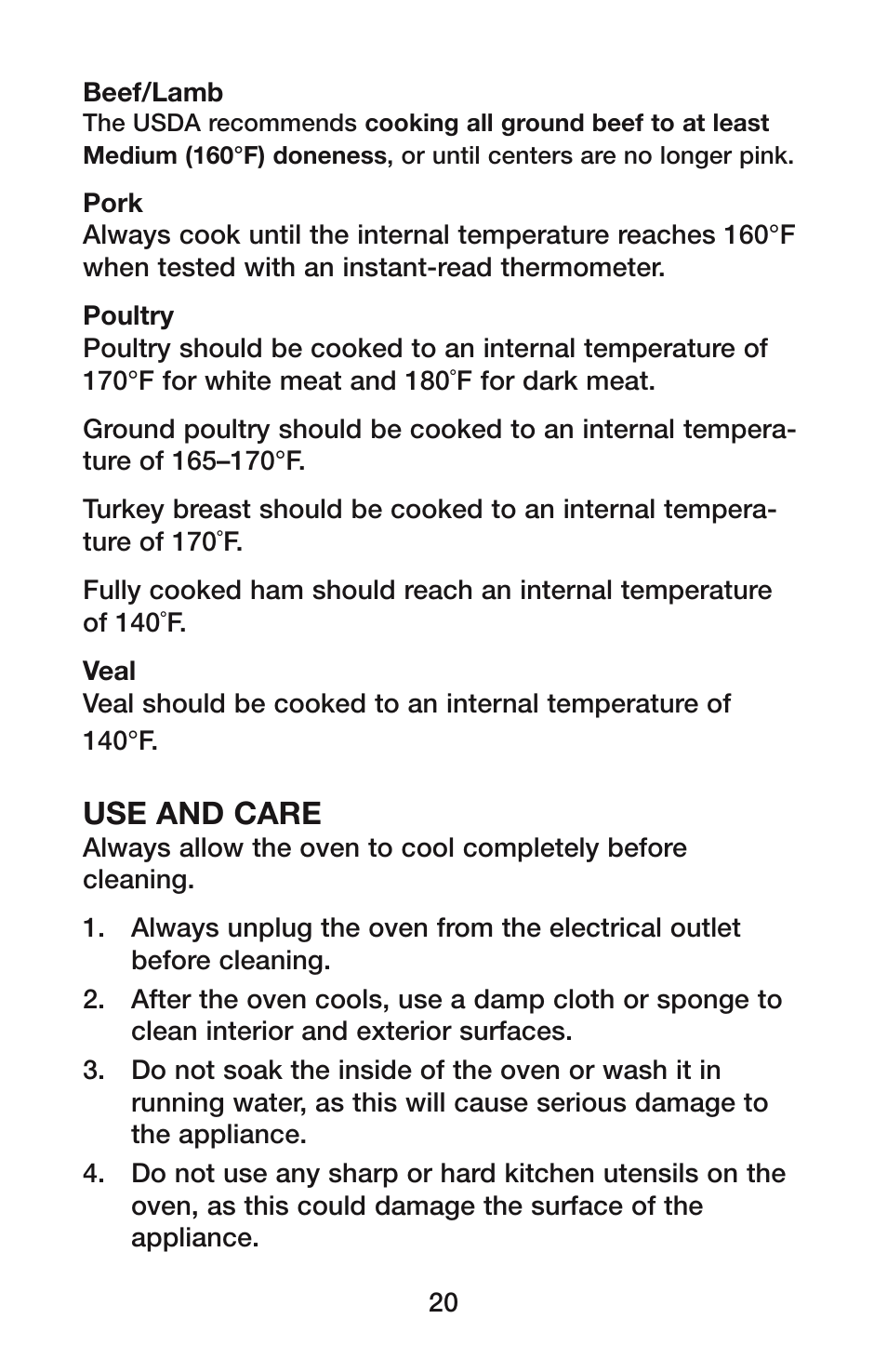 Use and care | Waring CO1500B User Manual | Page 20 / 55