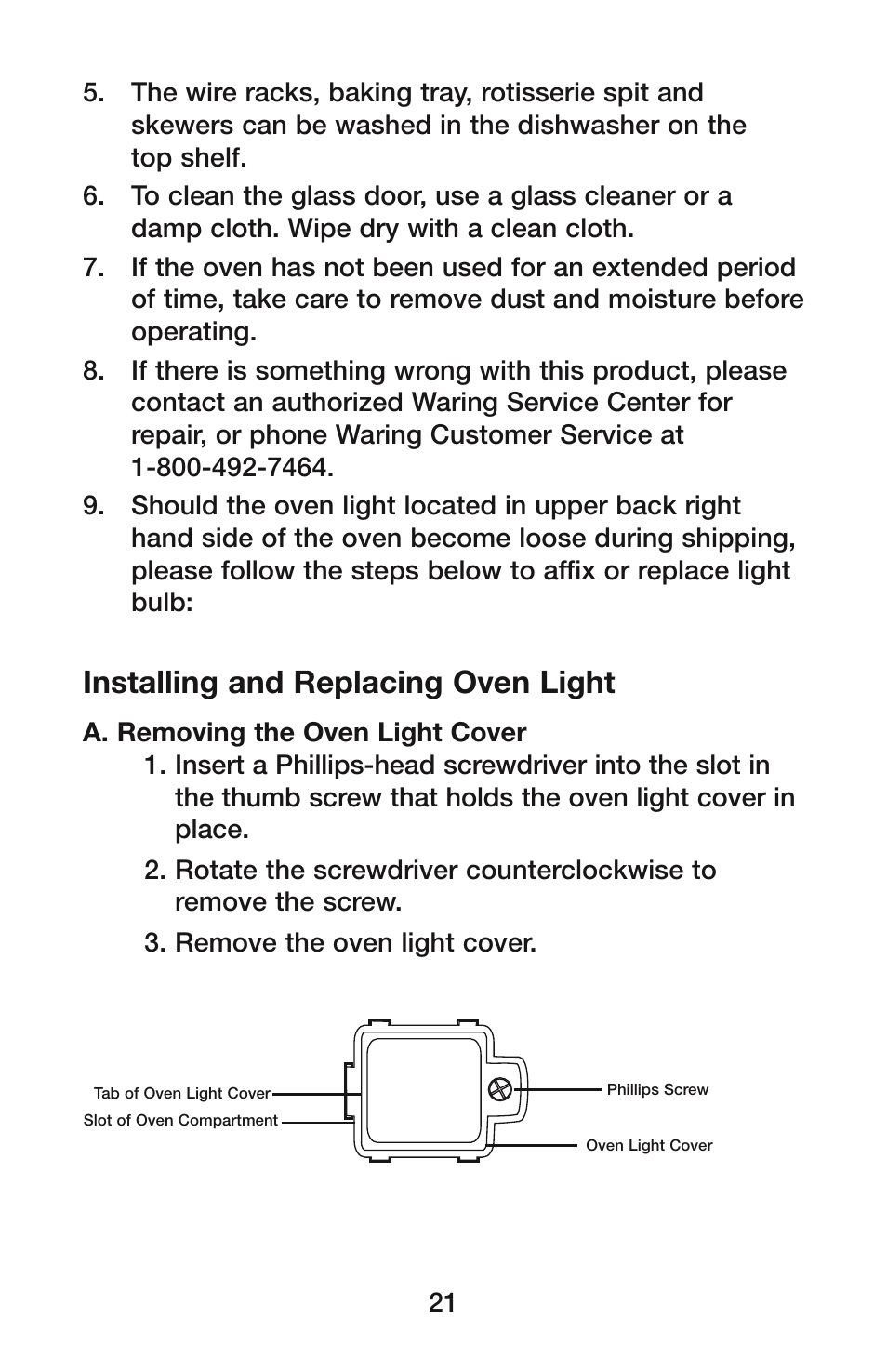 Installing and replacing oven light | Waring CO1500B User Manual | Page 21 / 55