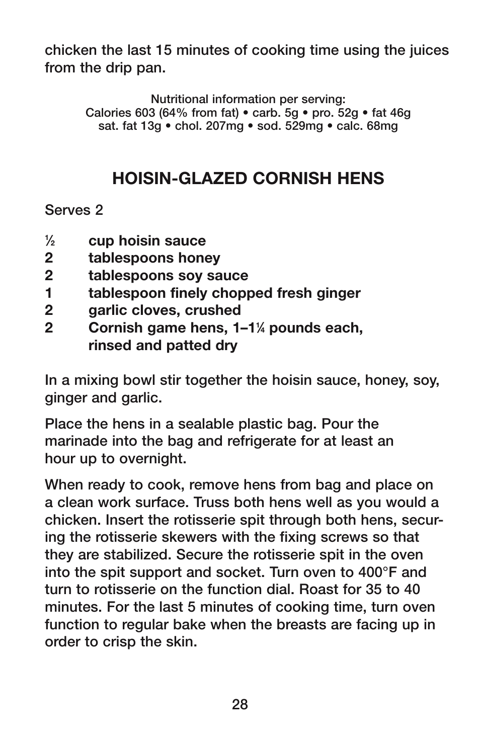 Hoisin-glazed cornish hens | Waring CO1500B User Manual | Page 28 / 55