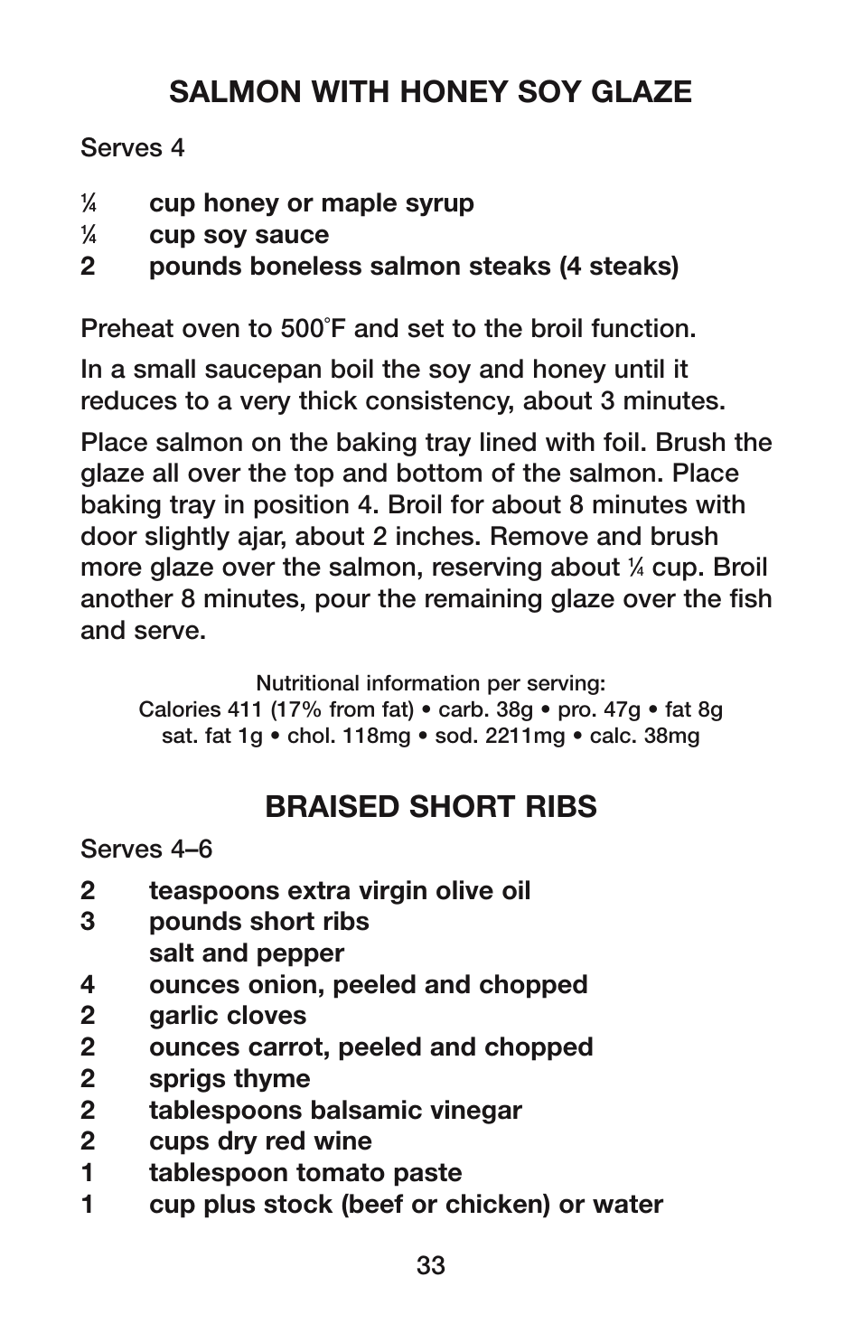 Salmon with honey soy glaze, Braised short ribs | Waring CO1500B User Manual | Page 33 / 55