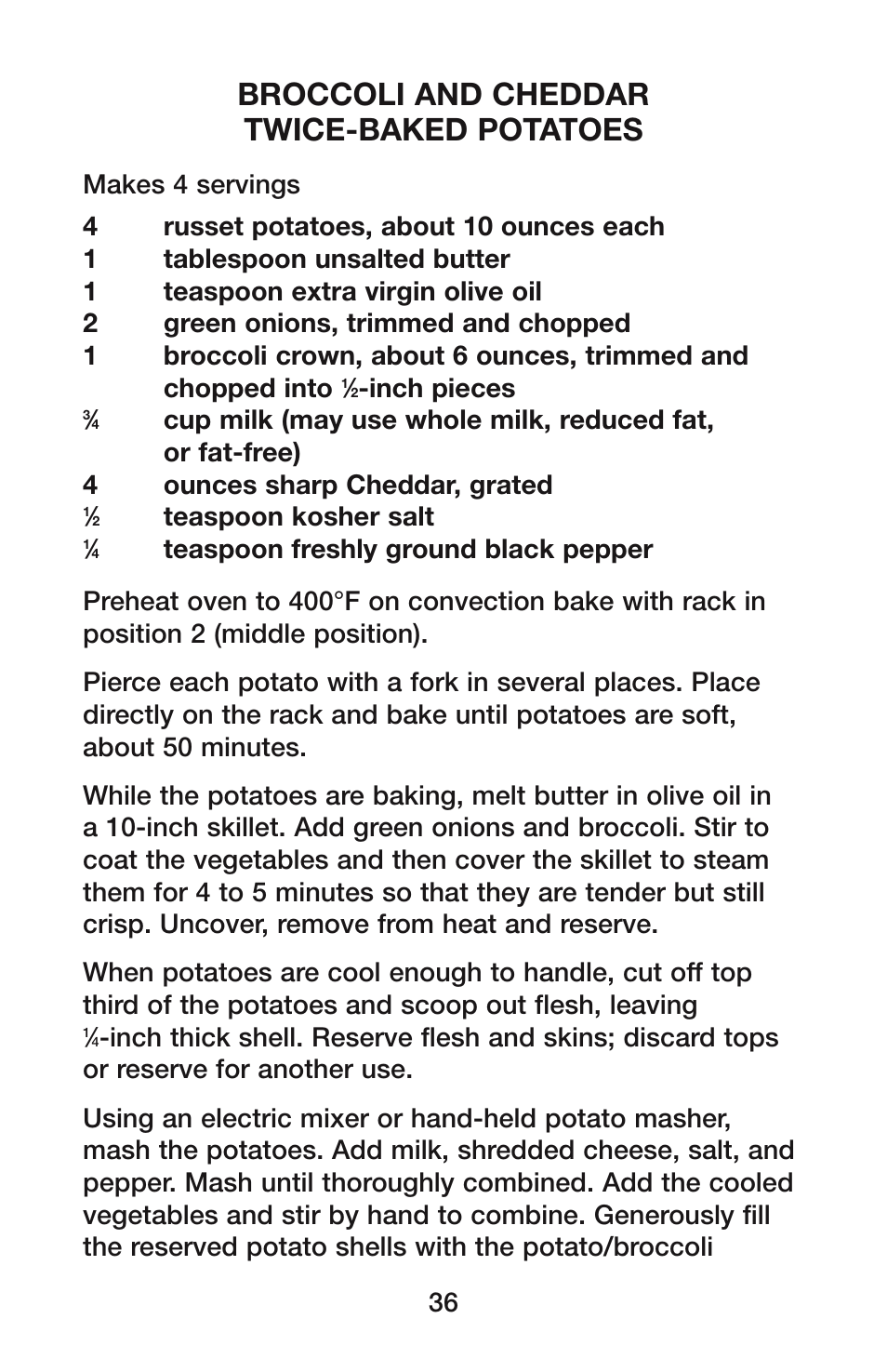 Broccoli and cheddar twice-baked potatoes | Waring CO1500B User Manual | Page 36 / 55