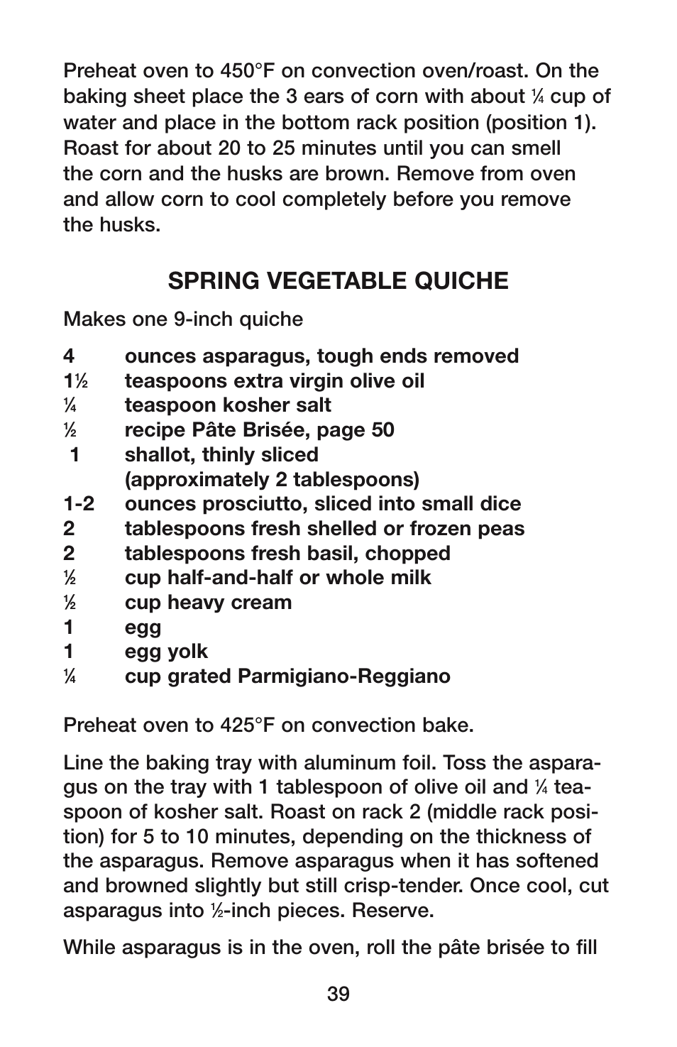 Spring vegetable quiche, Teaspoons extra virgin olive oil, Teaspoon kosher salt | Cup half-and-half or whole milk, Cup heavy cream 1 egg 1 egg yolk | Waring CO1500B User Manual | Page 39 / 55