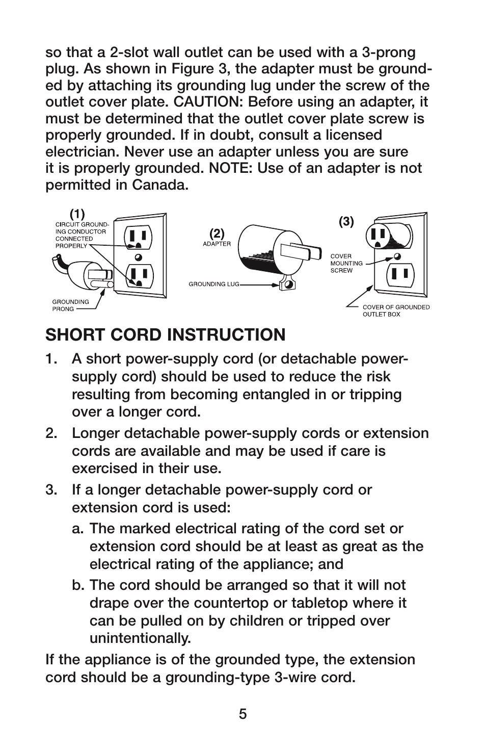 Short cord instruction | Waring CO1500B User Manual | Page 5 / 55