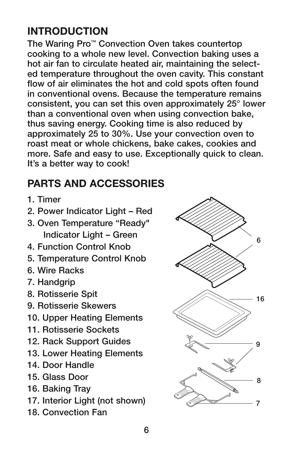 Introduction, Parts and accessories | Waring CO1500B User Manual | Page 6 / 55