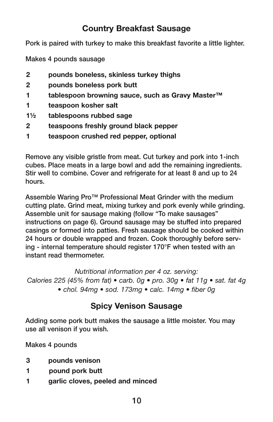 10 country breakfast sausage, Spicy venison sausage | Waring MG800 User Manual | Page 11 / 12
