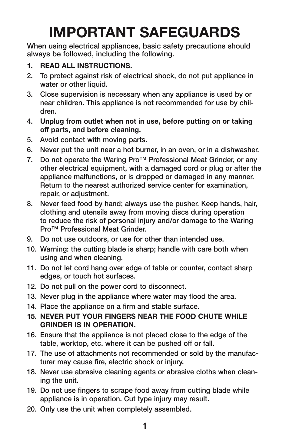 Important safeguards | Waring MG800 User Manual | Page 2 / 12