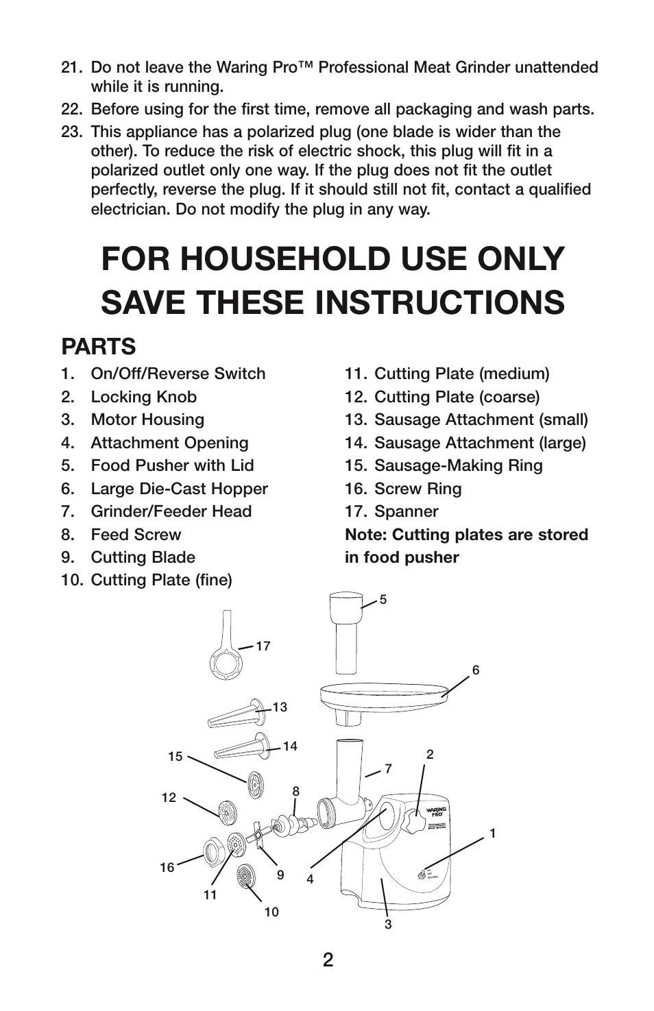 For household use only save these instructions, Parts | Waring MG800 User Manual | Page 3 / 12