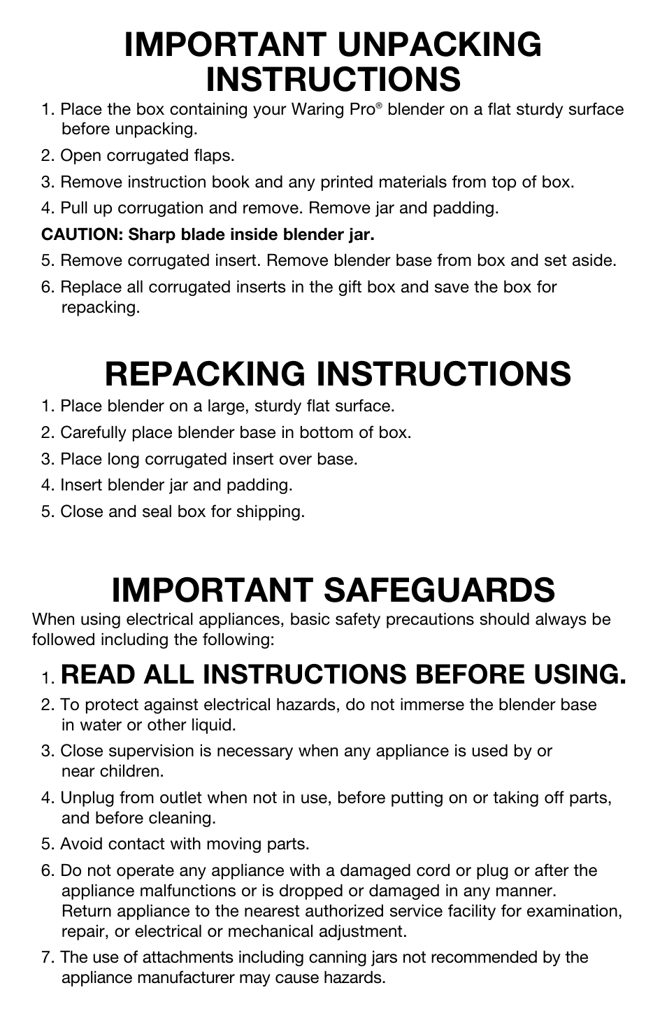 Important unpacking instructions, Repacking instructions, Important safeguards | Read all instructions before using | Waring PRO High Powered Blender MX1000R User Manual | Page 2 / 8