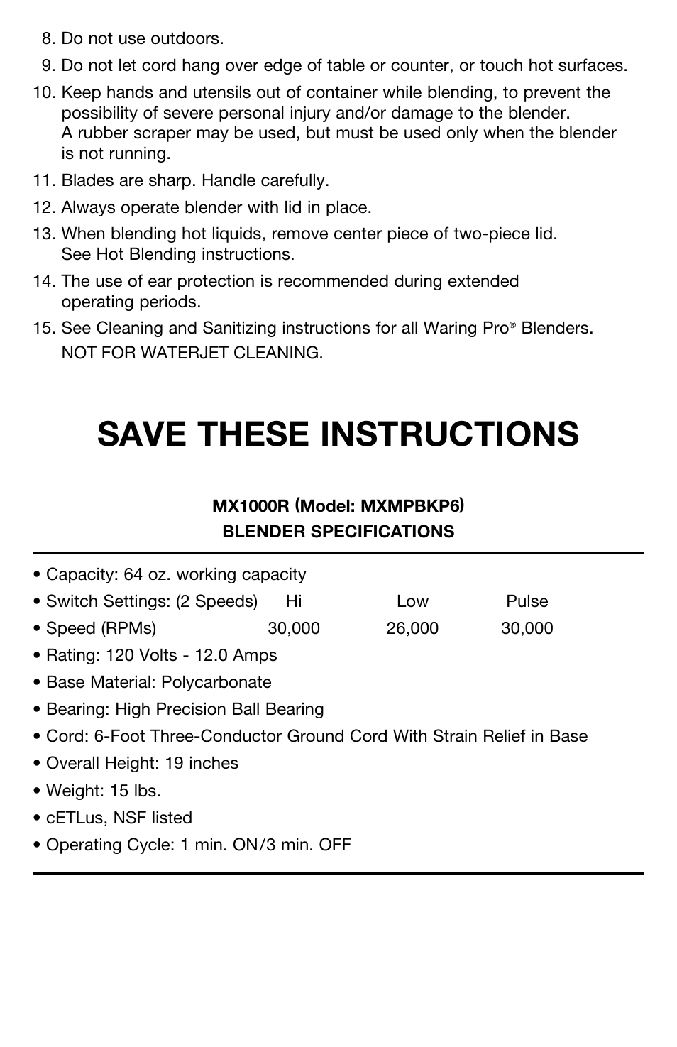 Save these instructions | Waring PRO High Powered Blender MX1000R User Manual | Page 3 / 8