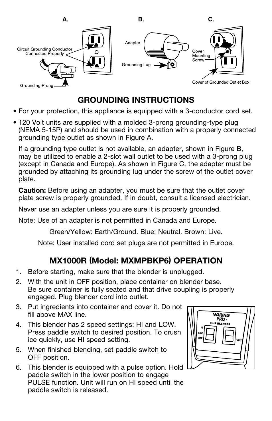 Grounding instructions | Waring PRO High Powered Blender MX1000R User Manual | Page 4 / 8