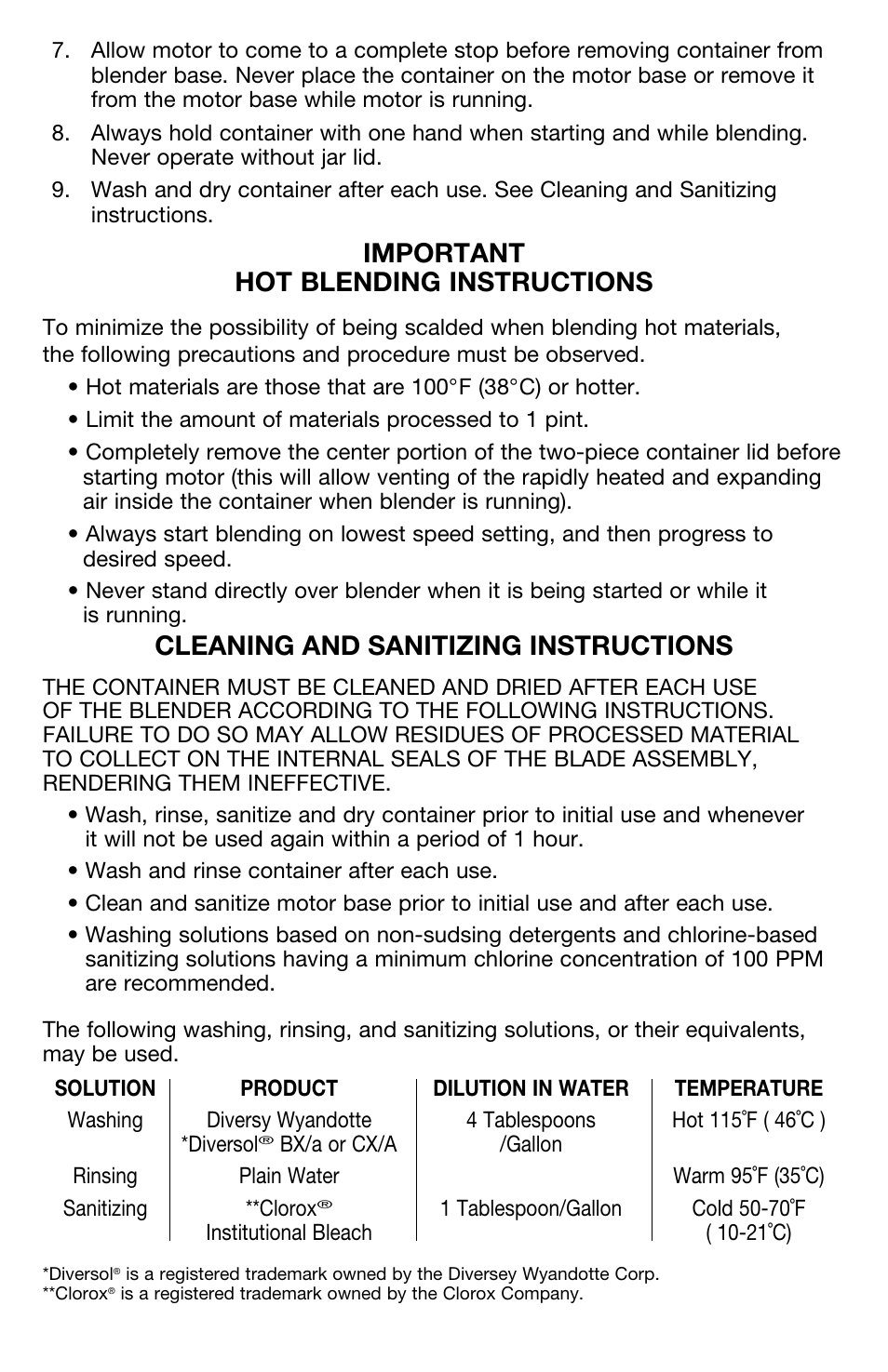 Important hot blending instructions, Cleaning and sanitizing instructions | Waring PRO High Powered Blender MX1000R User Manual | Page 5 / 8