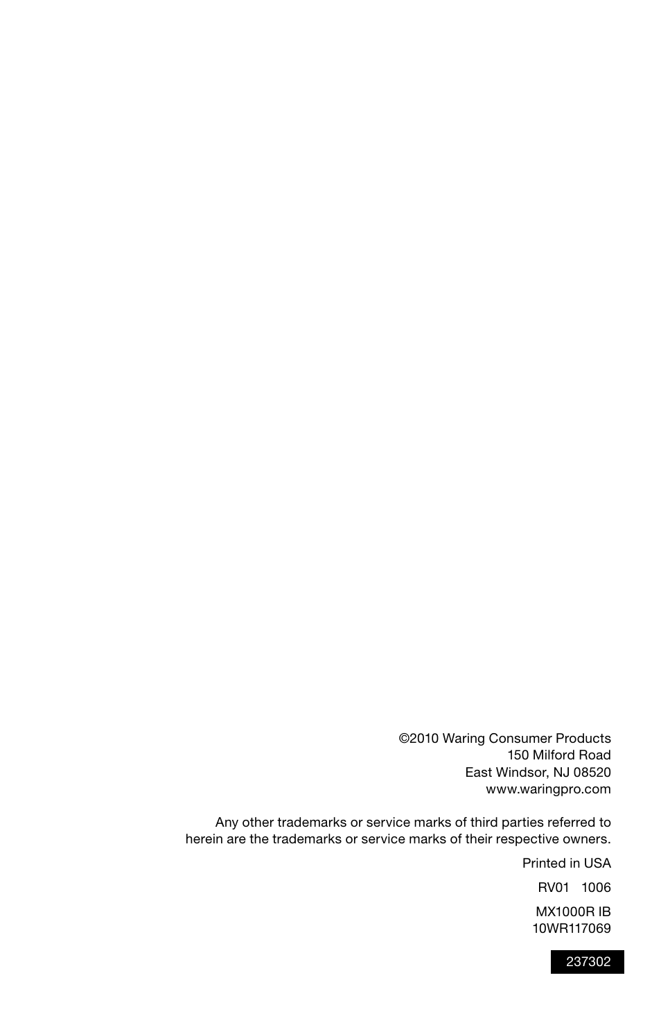 Waring PRO High Powered Blender MX1000R User Manual | Page 8 / 8