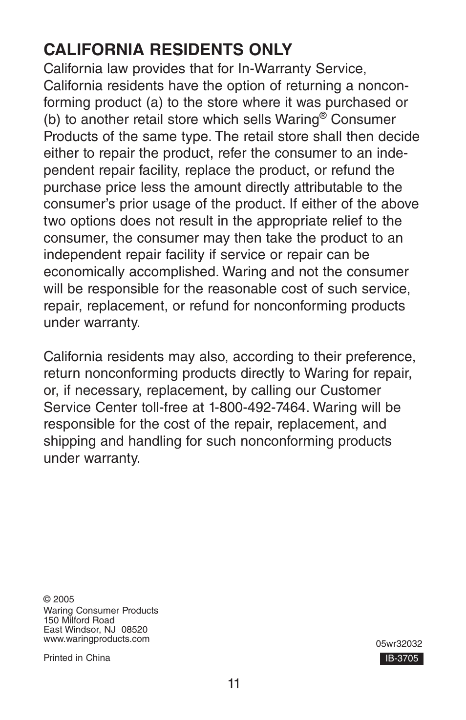 California residents only | Waring JEX328 User Manual | Page 12 / 12