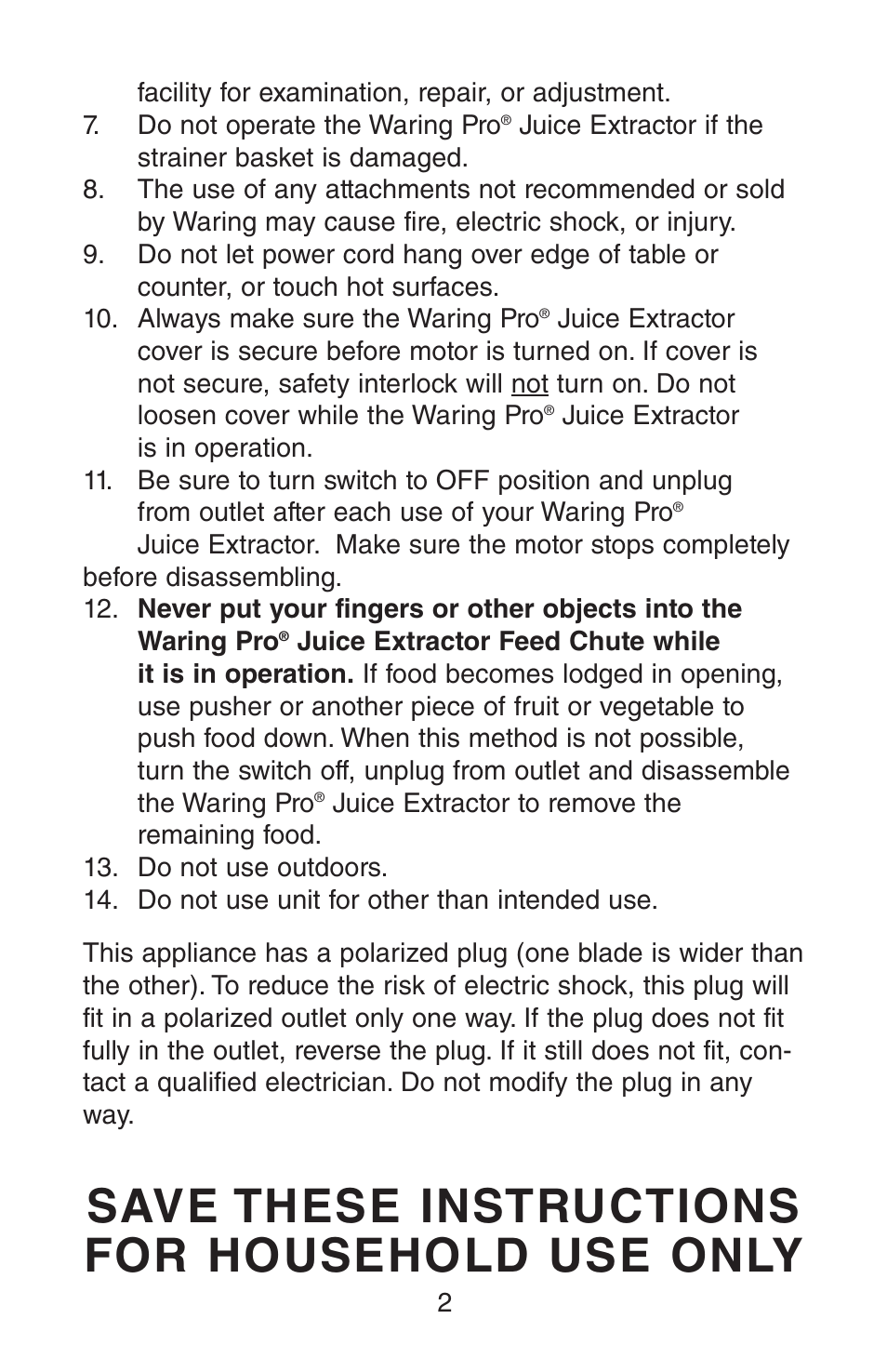 Save these instructions for household use only | Waring JEX328 User Manual | Page 3 / 12