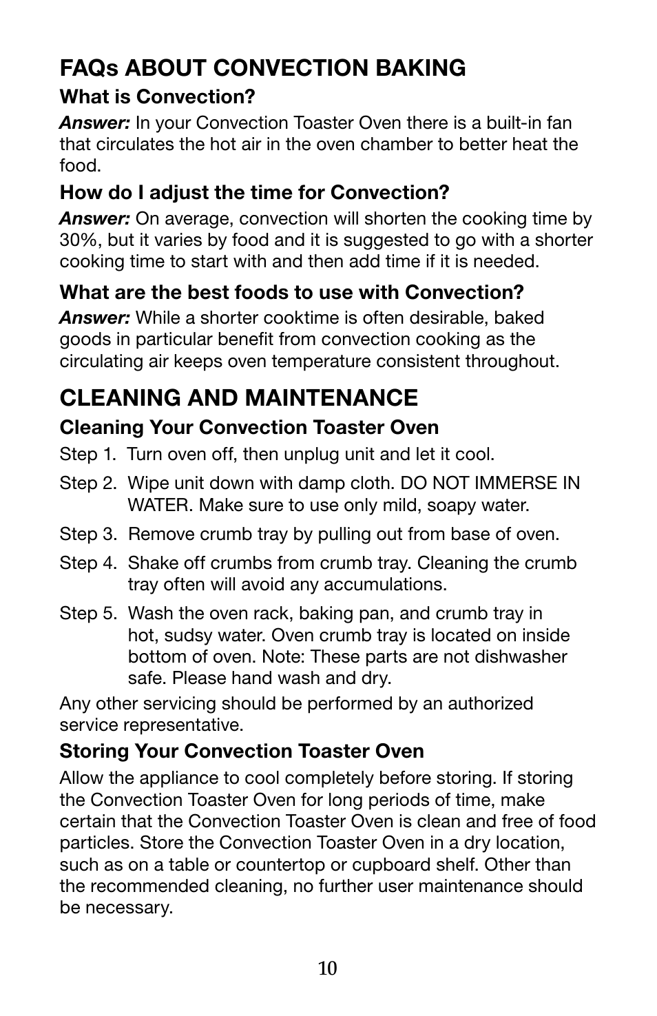 Faqs about convection baking, Cleaning and maintenance | Waring Pro TCO650 User Manual | Page 10 / 12
