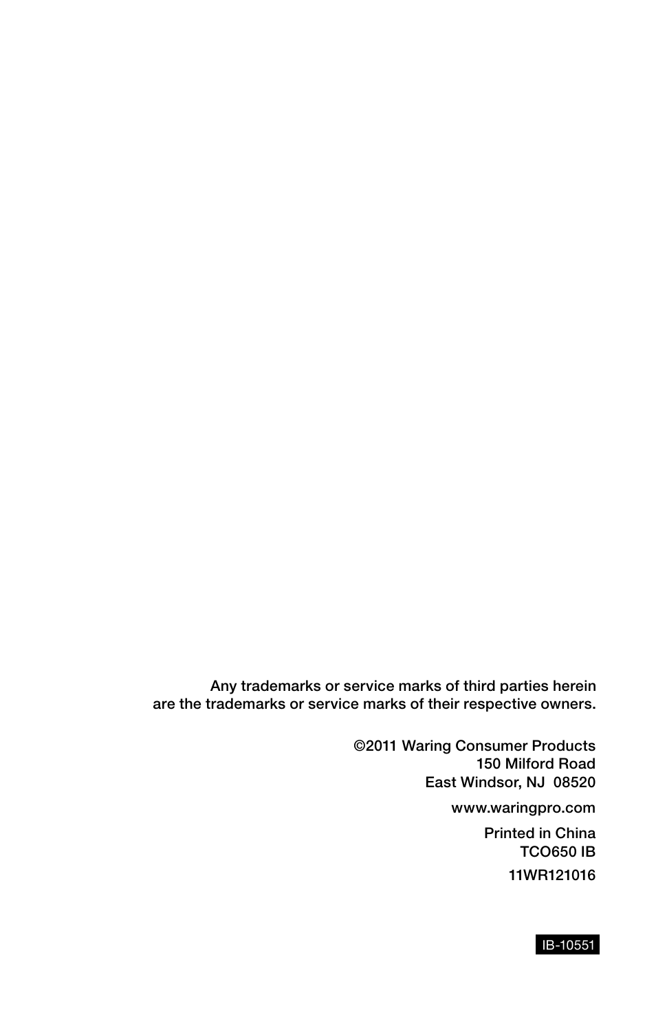 Waring Pro TCO650 User Manual | Page 12 / 12