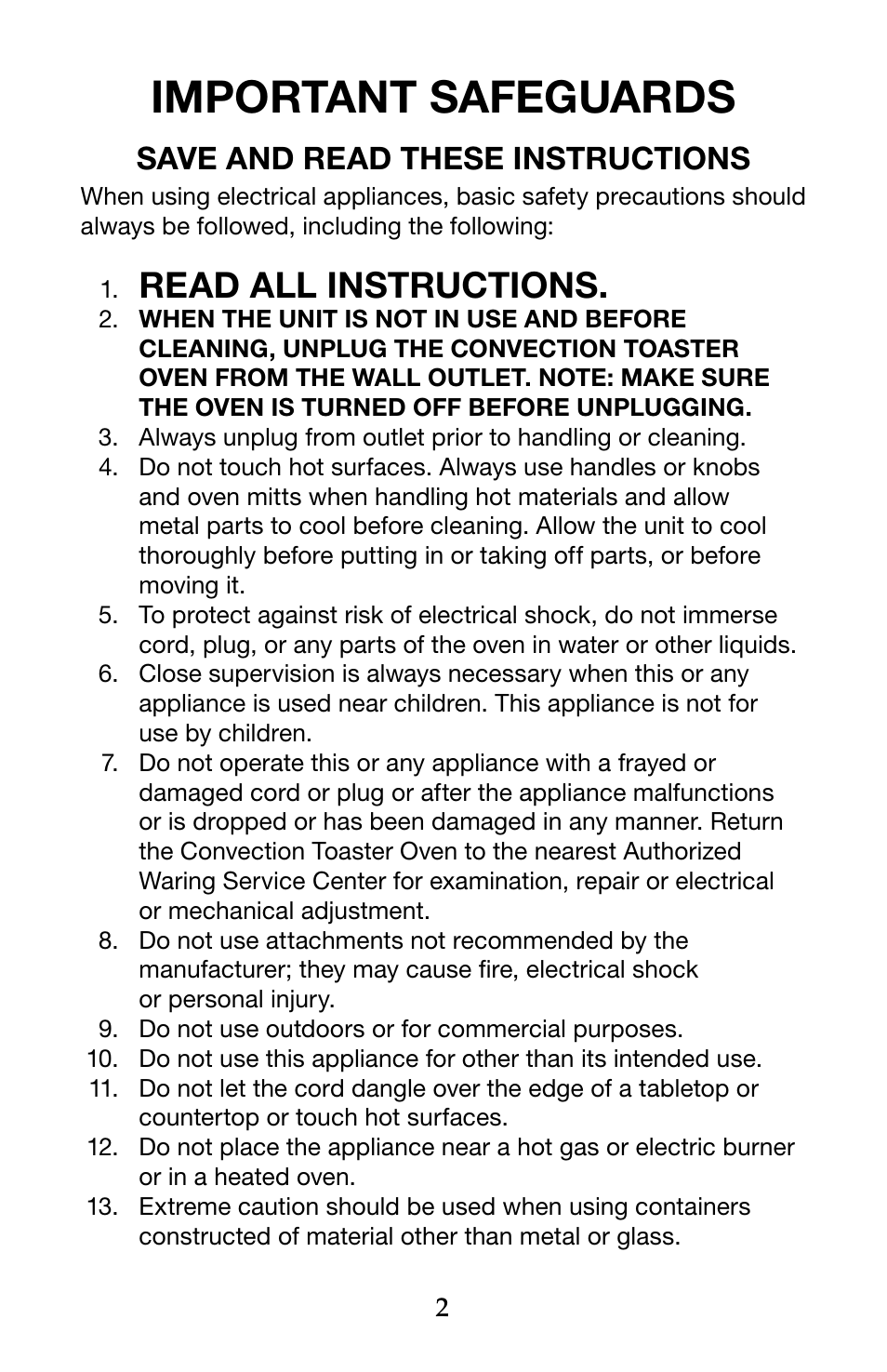 Important safeguards, Read all instructions, Save and read these instructions | Waring Pro TCO650 User Manual | Page 2 / 12