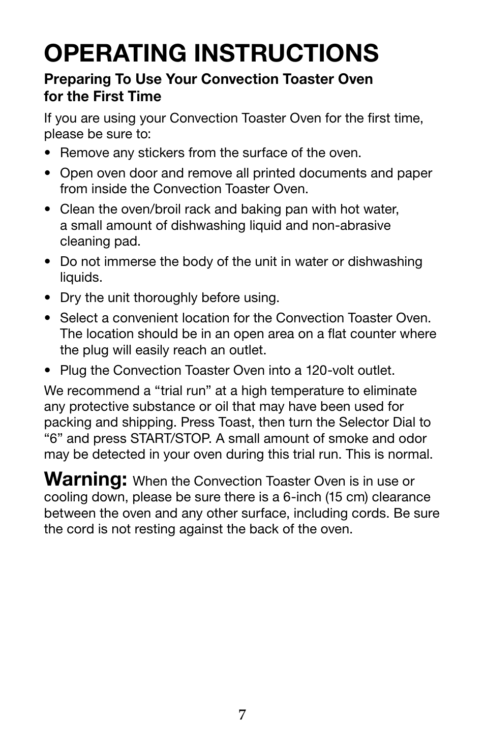 Operating instructions, Warning | Waring Pro TCO650 User Manual | Page 7 / 12