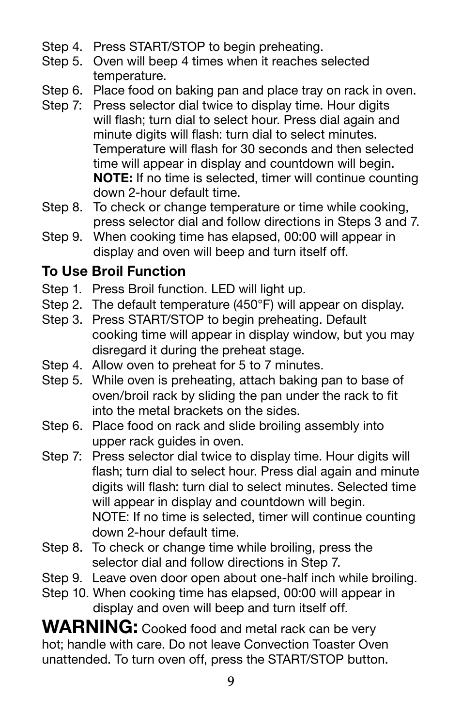 Warning | Waring Pro TCO650 User Manual | Page 9 / 12