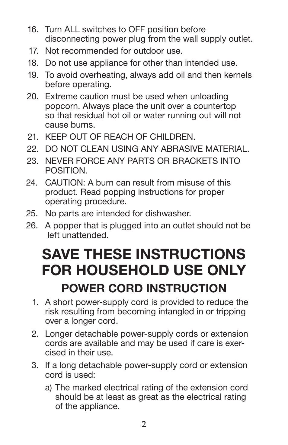 Save these instructions for household use only, Power cord instruction | Waring WPM25 User Manual | Page 3 / 8