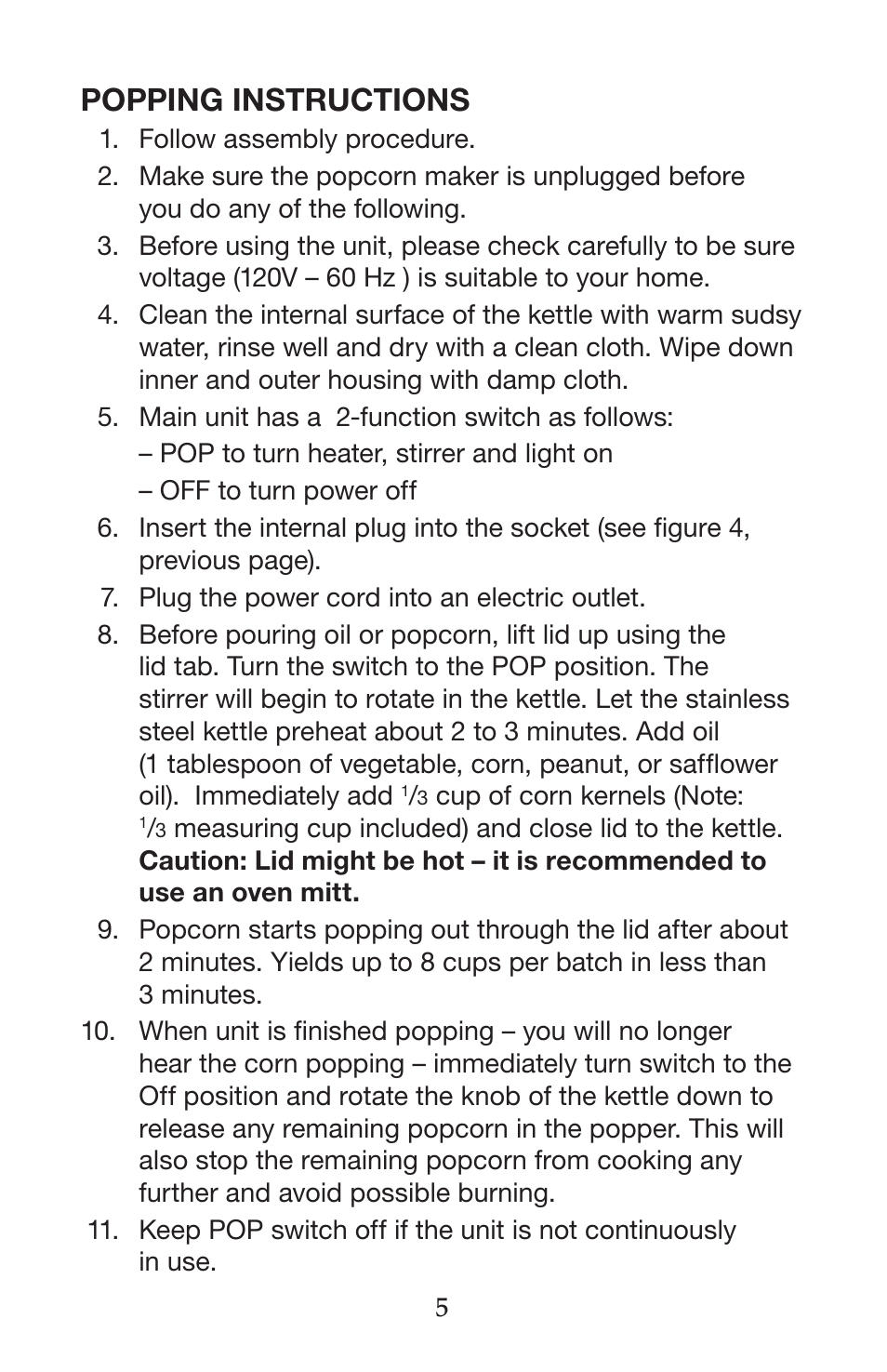 Popping instructions | Waring WPM25 User Manual | Page 6 / 8