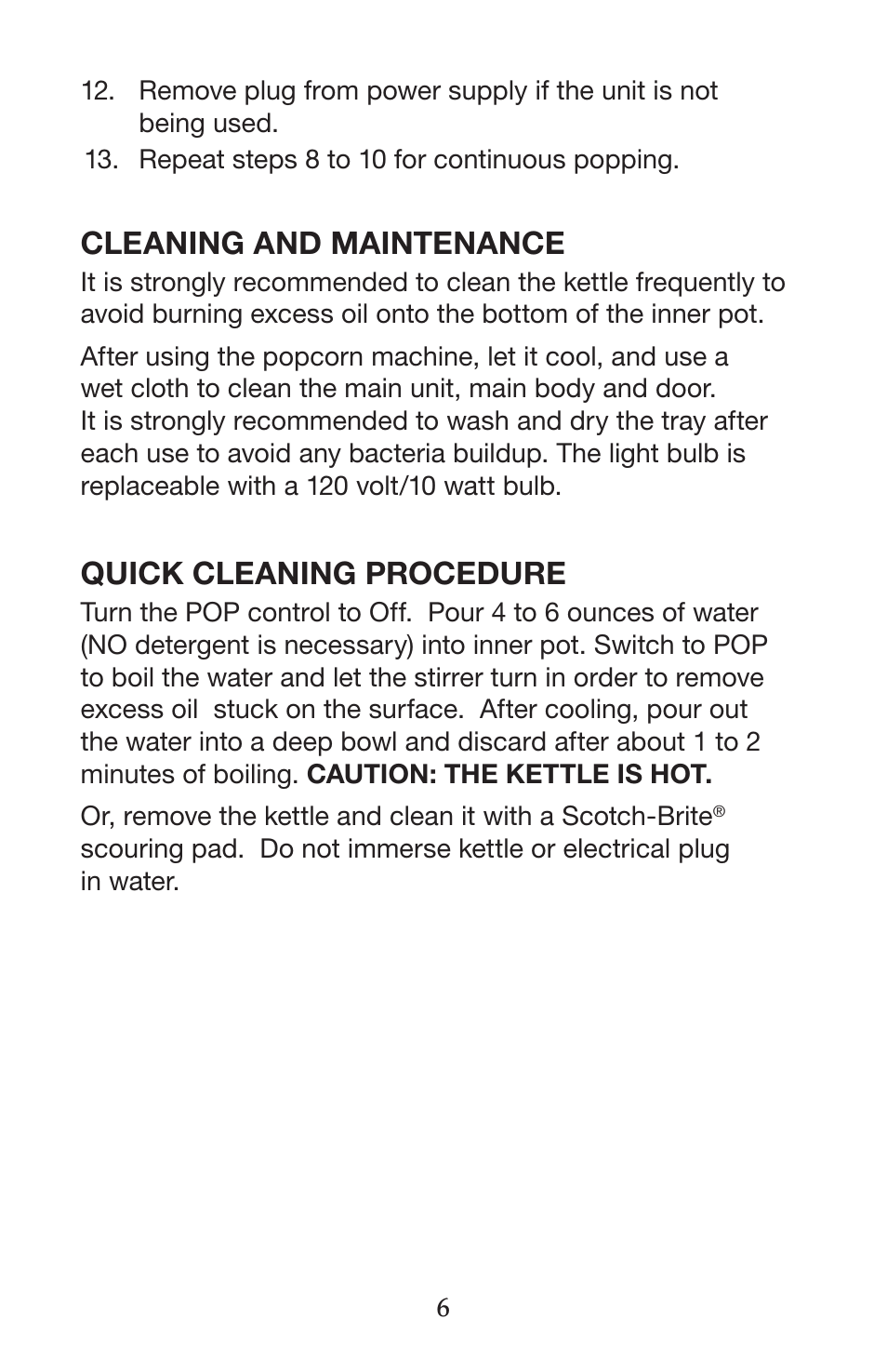 Cleaning and maintenance, Quick cleaning procedure | Waring WPM25 User Manual | Page 7 / 8