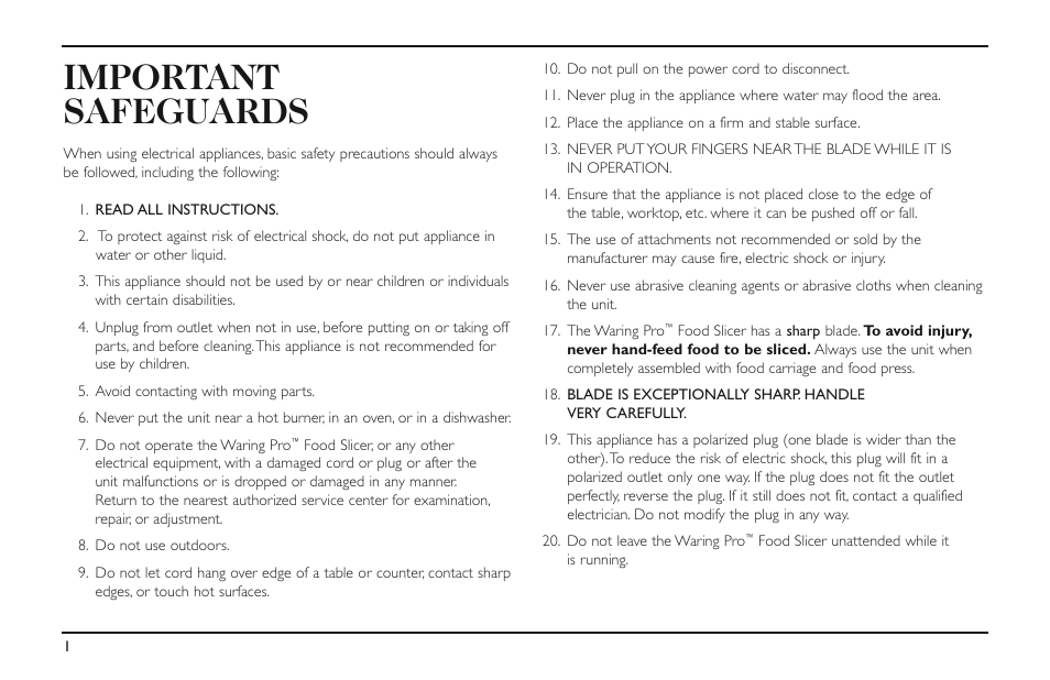 Important safeguards | Waring FS150 User Manual | Page 2 / 8