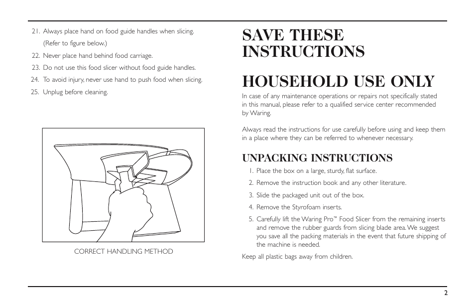 Save these instructions household use only, Unpacking instructions | Waring FS150 User Manual | Page 3 / 8