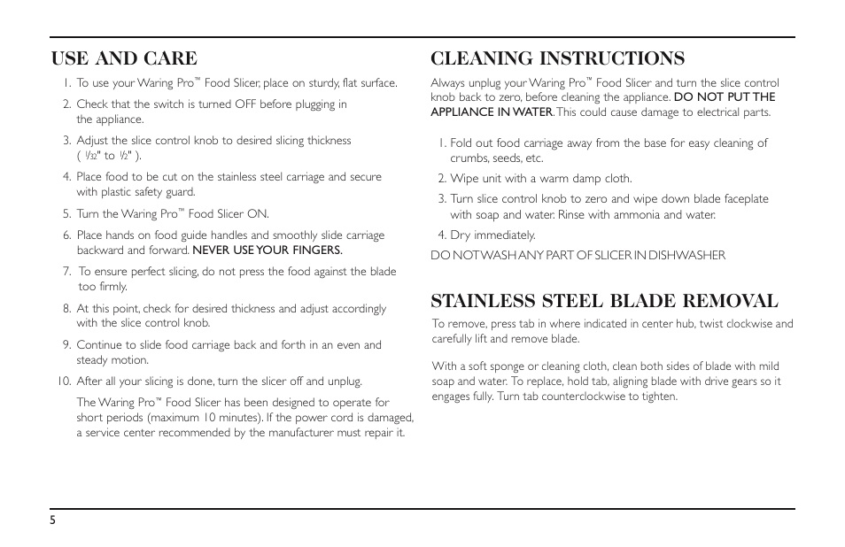 Use and care, Cleaning instructions, Stainless steel blade removal | Waring FS150 User Manual | Page 6 / 8