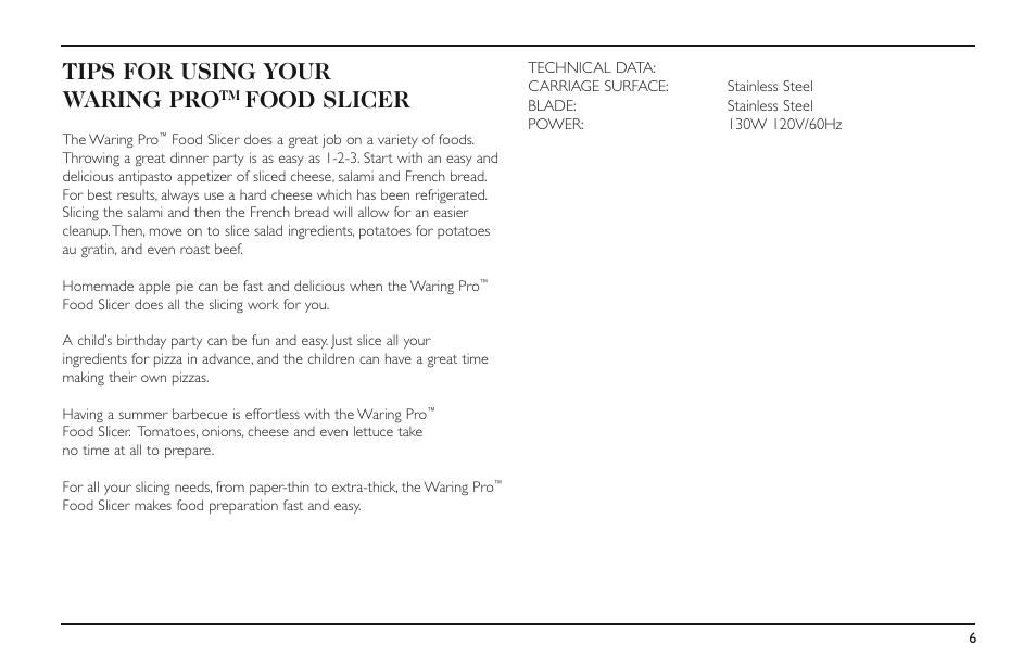 Tips for using your waring pro, Food slicer | Waring FS150 User Manual | Page 7 / 8