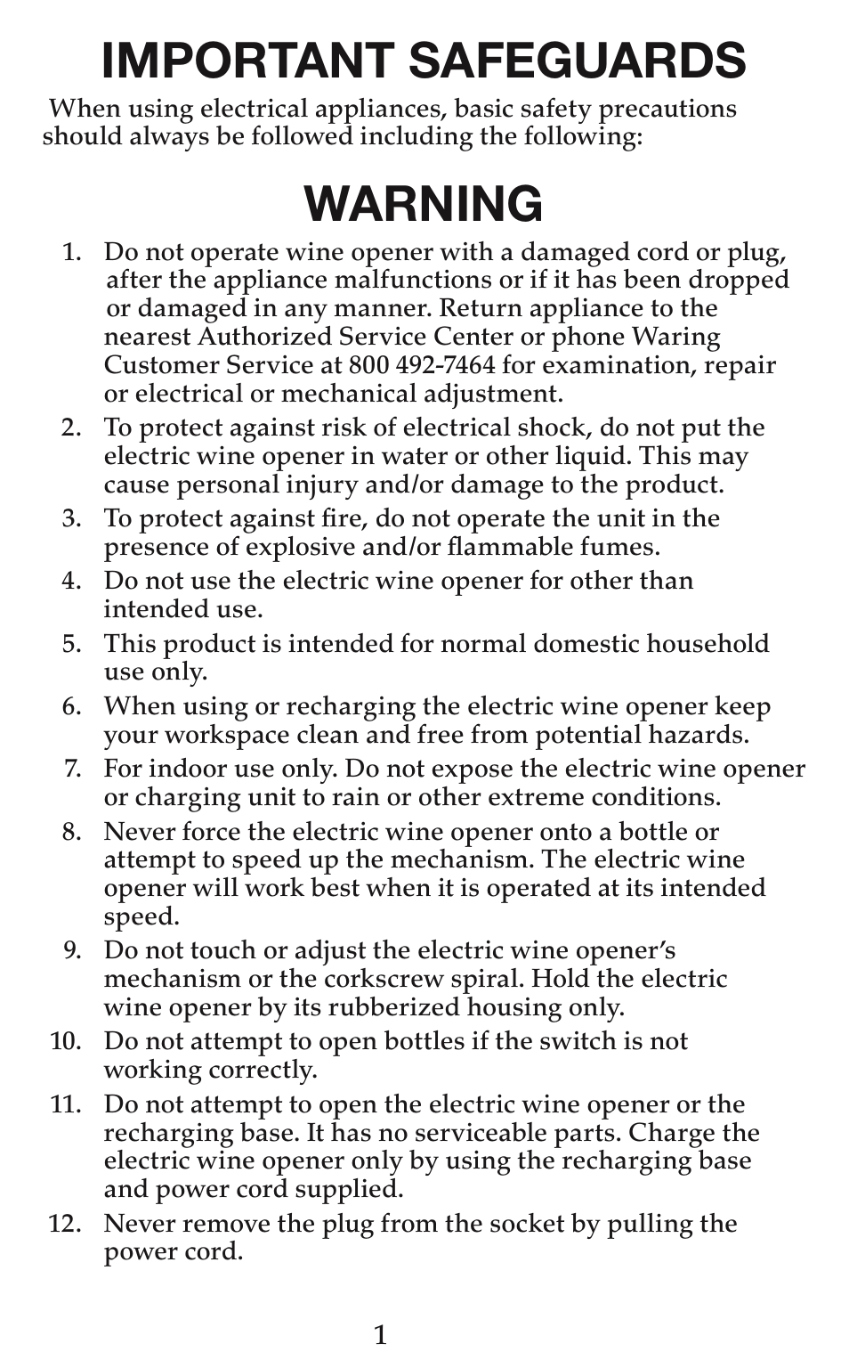 Important safeguards, Warning | Waring WO50 User Manual | Page 2 / 7