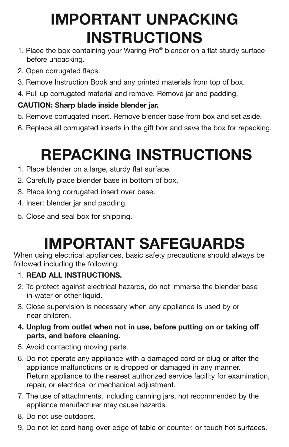 Important unpacking instructions, Repacking instructions, Important safeguards | Waring MX1000R User Manual | Page 2 / 8