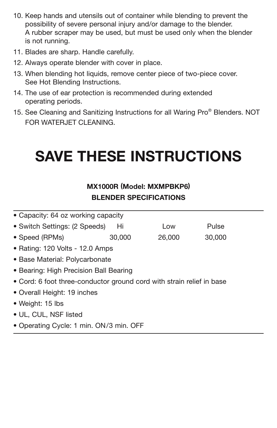 Save these instructions | Waring MX1000R User Manual | Page 3 / 8