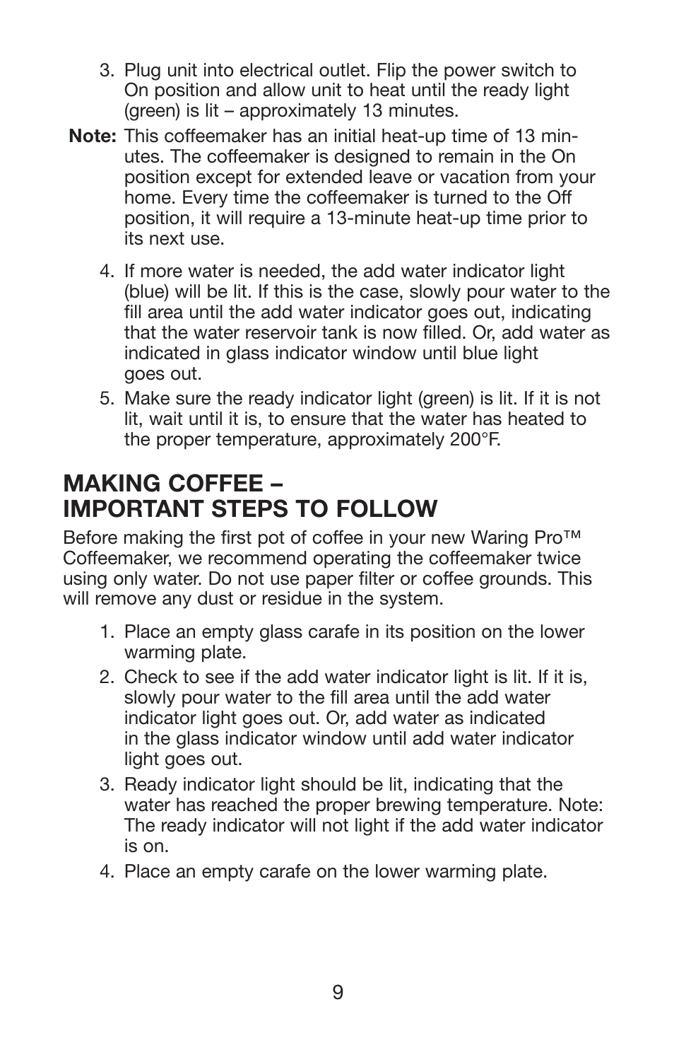 Making coffee – important steps to follow | Waring WC1000 User Manual | Page 10 / 12