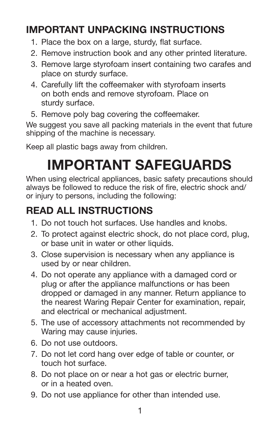 Important safeguards, Important unpacking instructions, Read all instructions | Waring WC1000 User Manual | Page 2 / 12