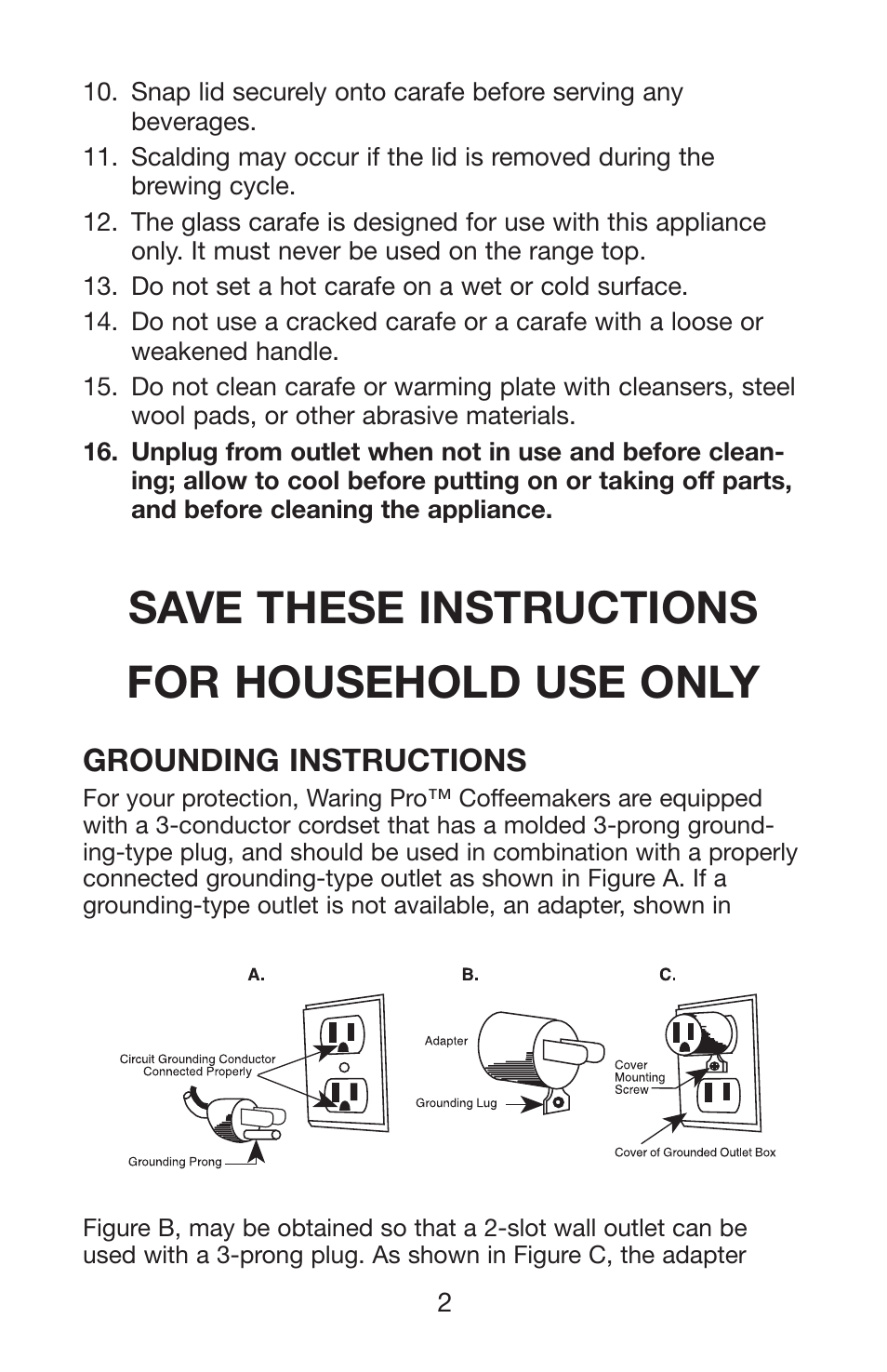 Save these instructions for household use only, Grounding instructions | Waring WC1000 User Manual | Page 3 / 12