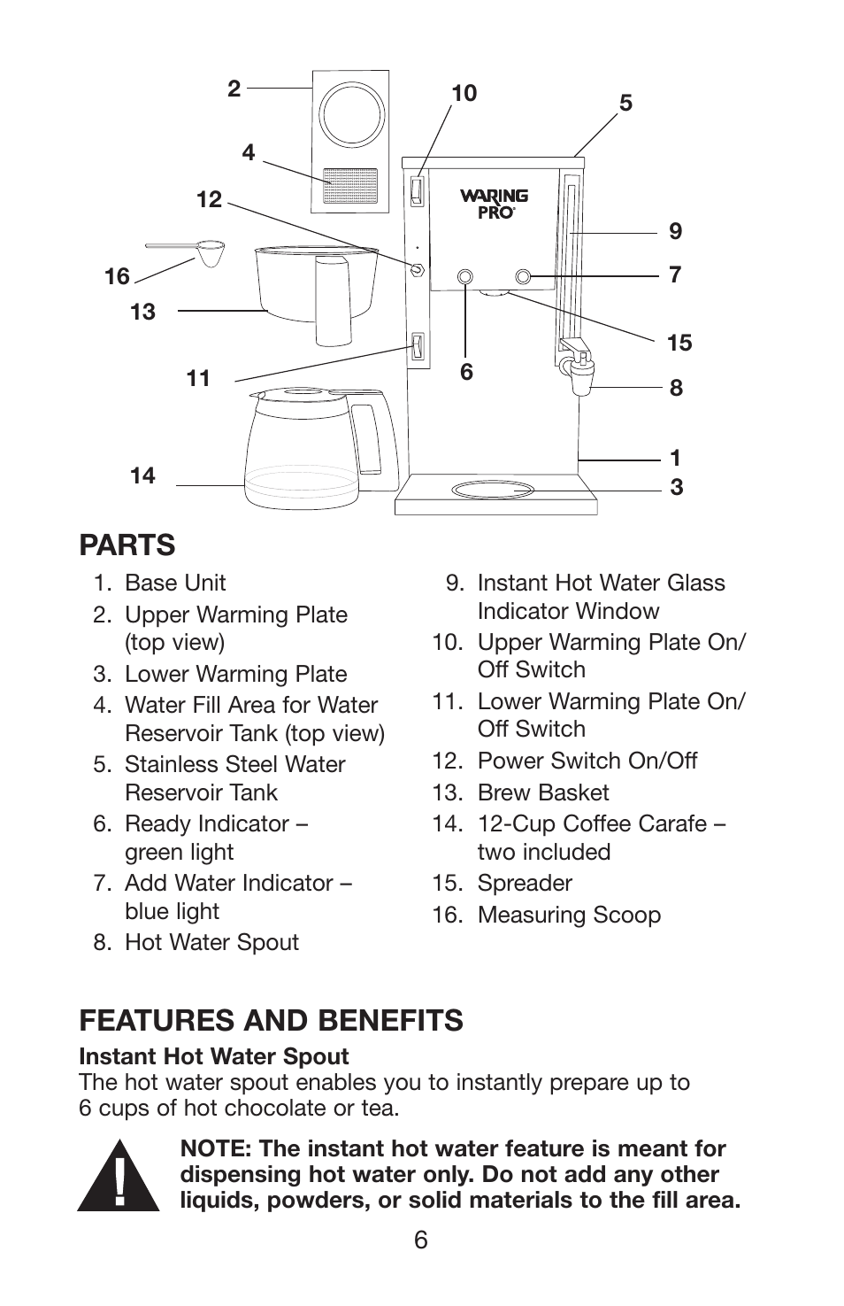 Parts, Features and benefits | Waring WC1000 User Manual | Page 7 / 12