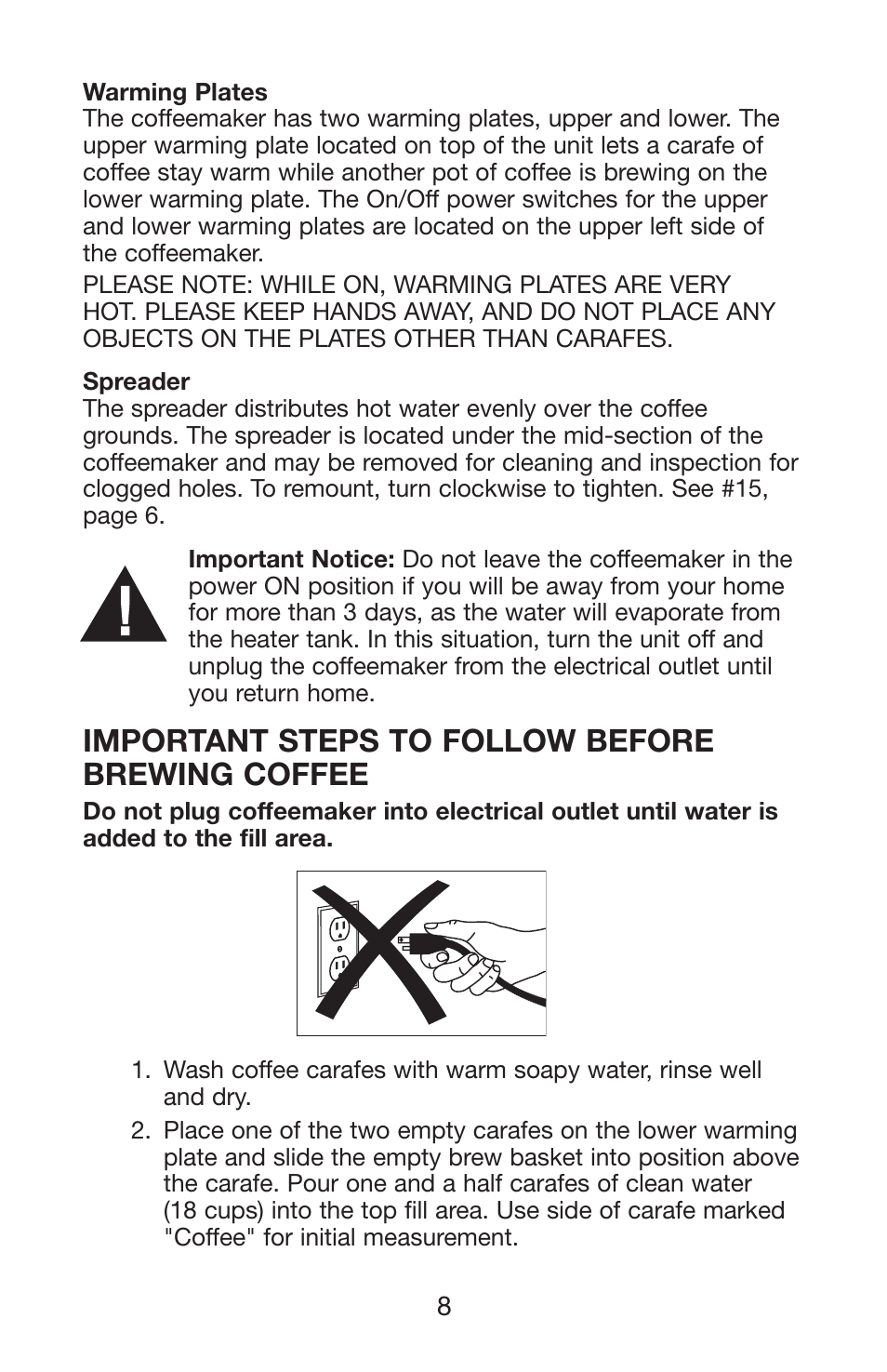 Important steps to follow before brewing coffee | Waring WC1000 User Manual | Page 9 / 12
