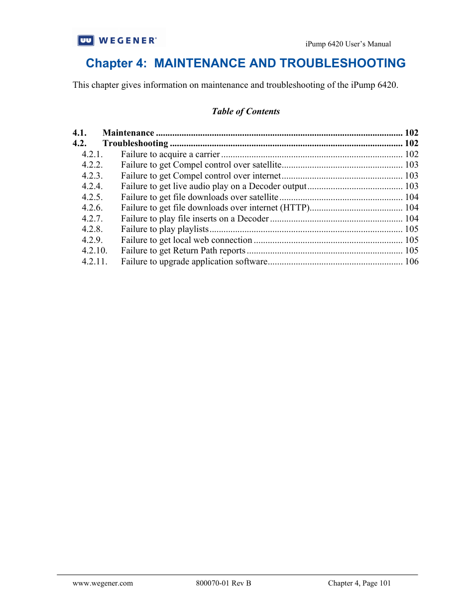 Chapter 4: maintenance and troubleshooting | Wegener Communications 6420 User Manual | Page 105 / 135