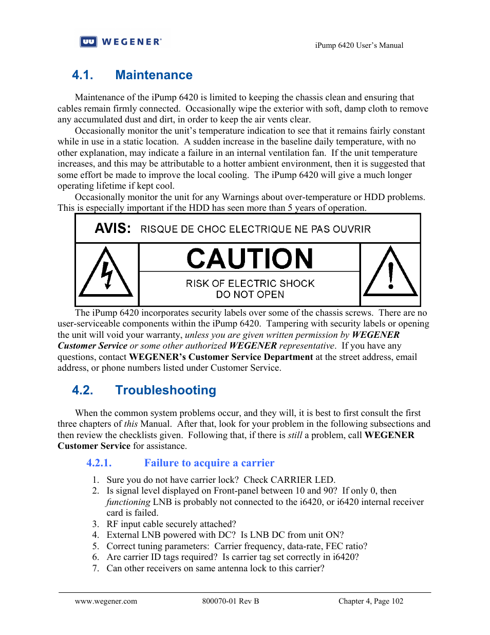 Maintenance, Troubleshooting | Wegener Communications 6420 User Manual | Page 106 / 135