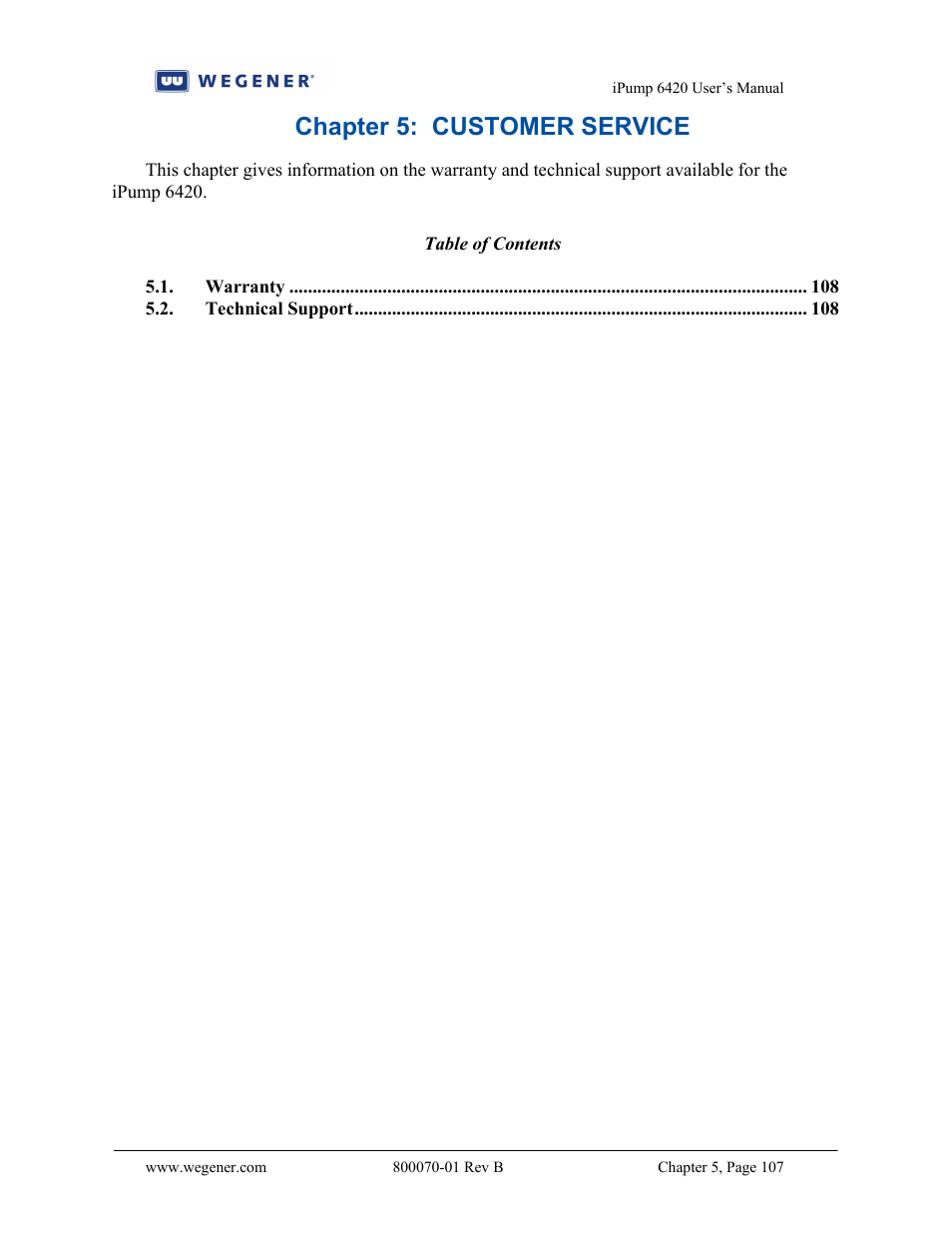 Chapter 5: customer service | Wegener Communications 6420 User Manual | Page 111 / 135