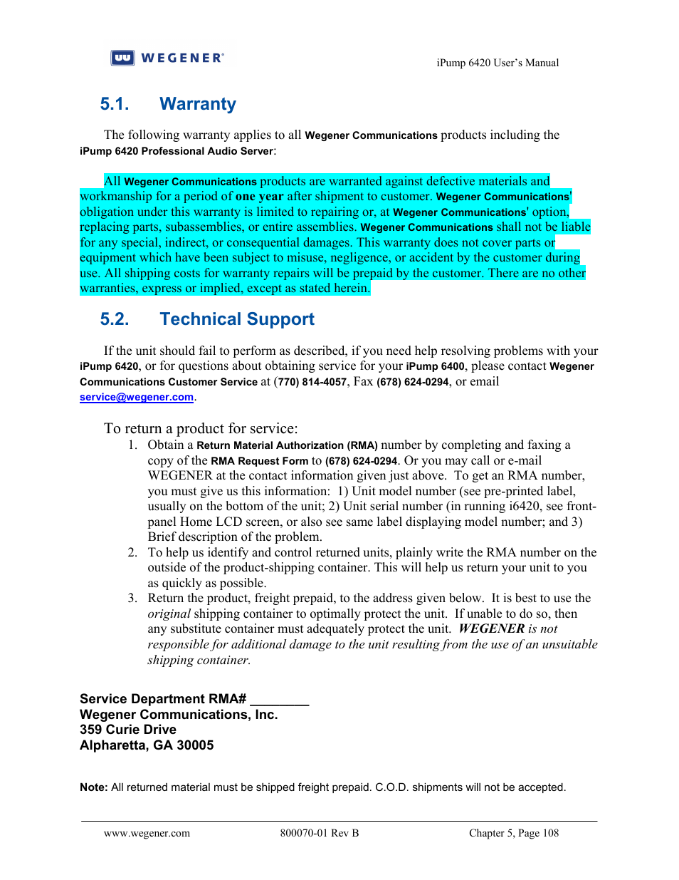 Warranty, Technical support | Wegener Communications 6420 User Manual | Page 112 / 135