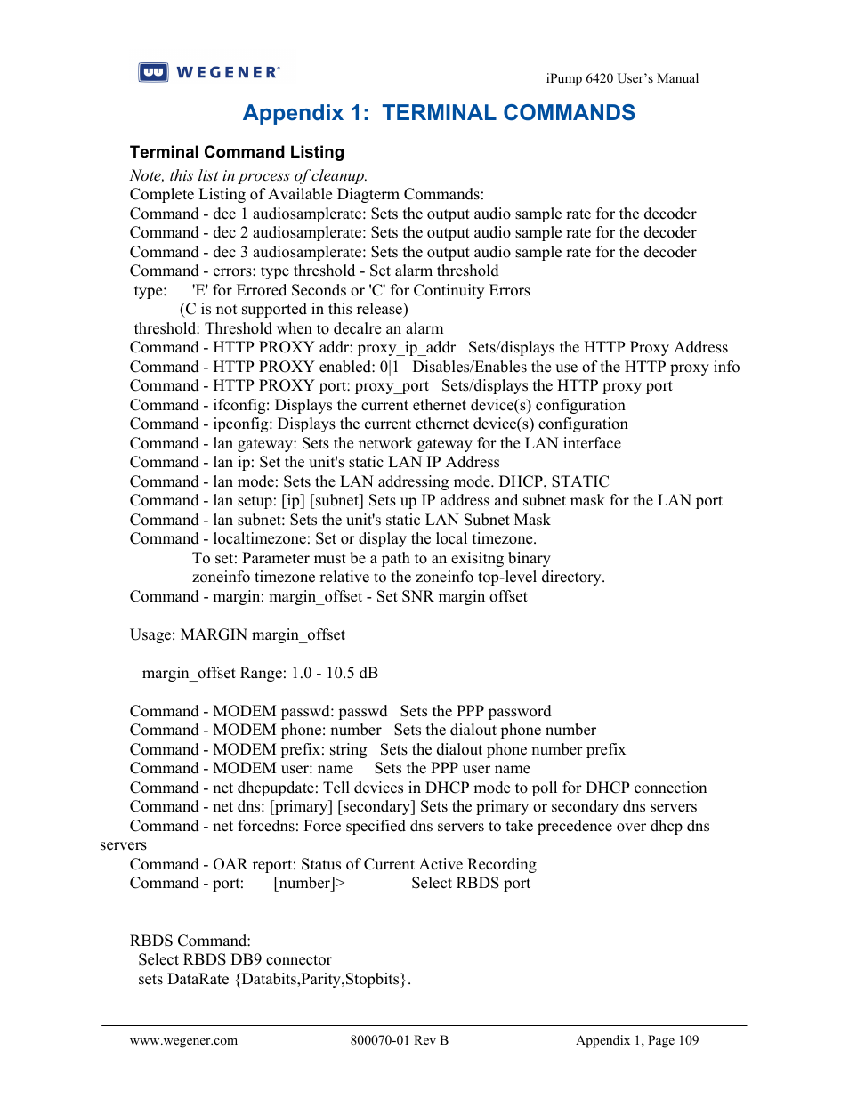 Appendix 1: terminal commands | Wegener Communications 6420 User Manual | Page 113 / 135