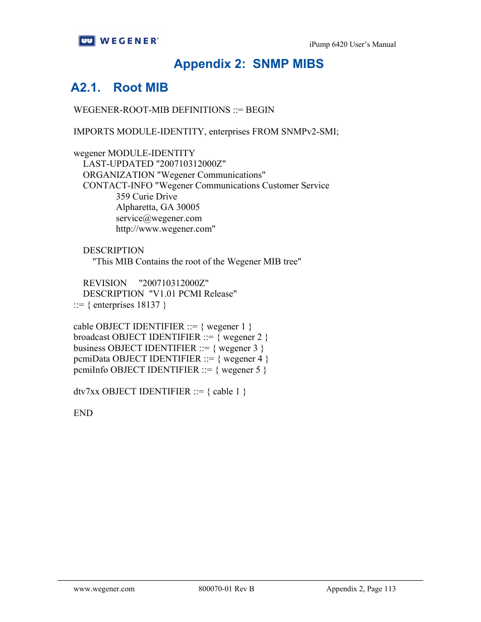 Appendix 2: snmp mibs a2.1. root mib | Wegener Communications 6420 User Manual | Page 117 / 135